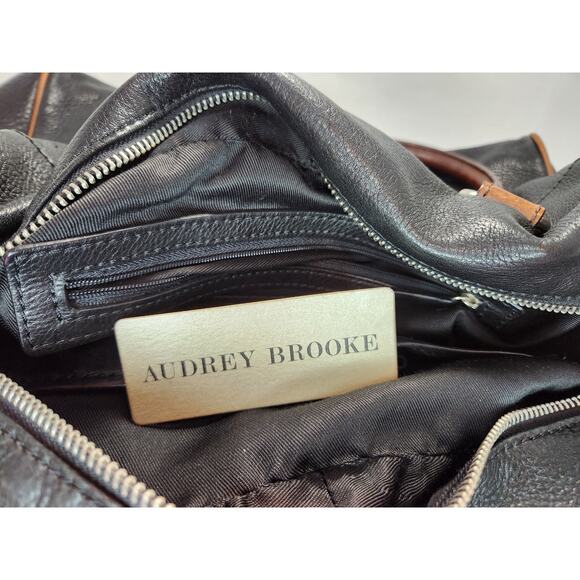 Audrey Brooke Black Pebbled Leather Tote Bag with Brown Accents and Zippered Top - Picture 8 of 12